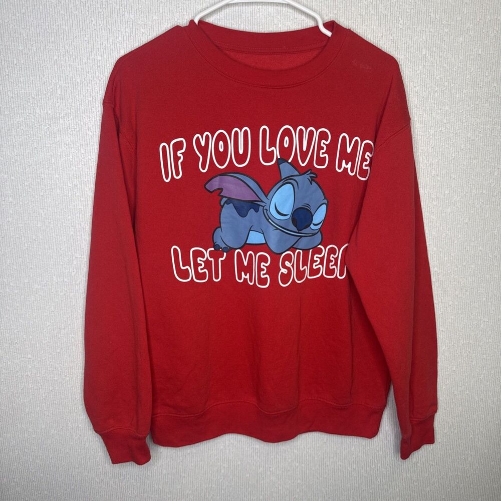 Disney Stitch Sweatshirt Medium M Red If You Love Me Let Me Sleep Graphic Pullov
